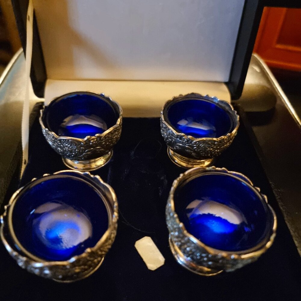 Vintage F.B Rogers Silver Company Salt Cellars with Cobalt Blue Glass Inserts